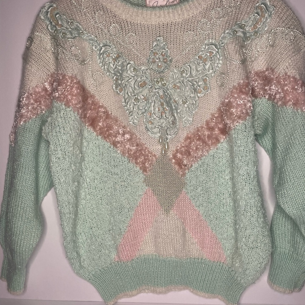 Vintage Pastel Mint & Pink Embellished Women's Sweater